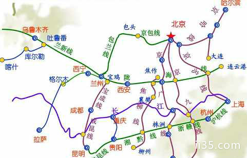 中国铁路的"三横五纵,南北铁路线主要有:京哈线,京广线,京九线,京沪